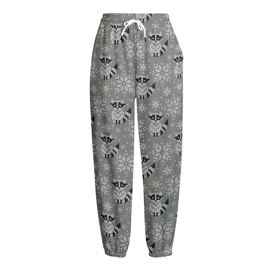 Knitted Raccoon Pattern Print Fleece Lined Knit Pants