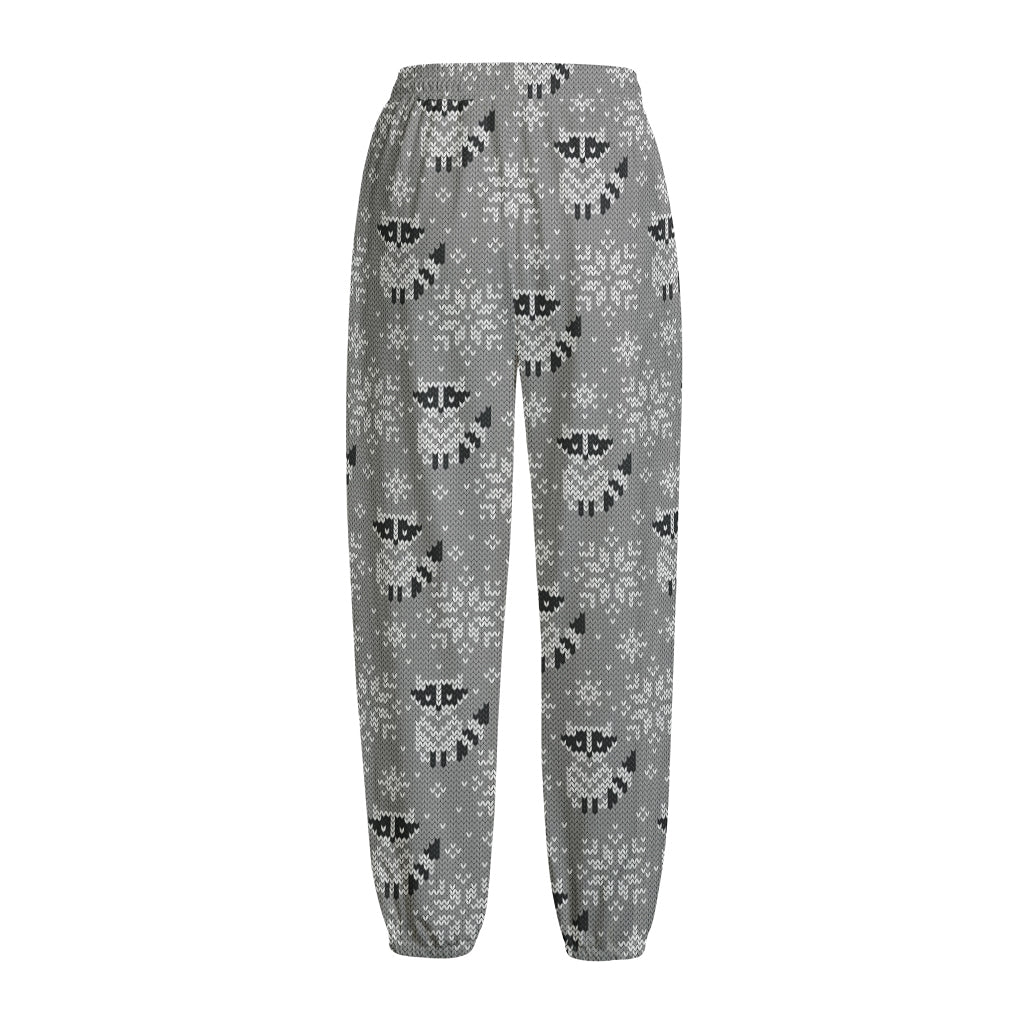 Knitted Raccoon Pattern Print Fleece Lined Knit Pants