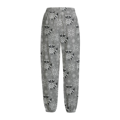 Knitted Raccoon Pattern Print Fleece Lined Knit Pants