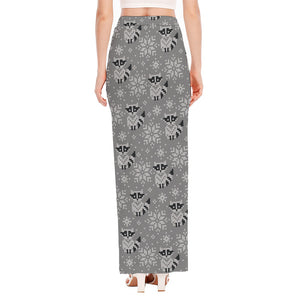 Knitted Raccoon Pattern Print High Slit Maxi Skirt