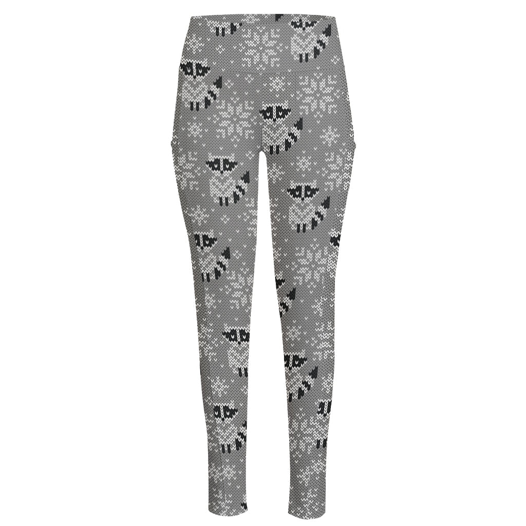 Knitted Raccoon Pattern Print High-Waisted Pocket Leggings