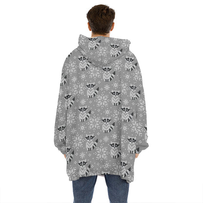 Knitted Raccoon Pattern Print Hoodie Blanket
