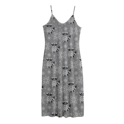 Knitted Raccoon Pattern Print Jersey Midi Cami Dress
