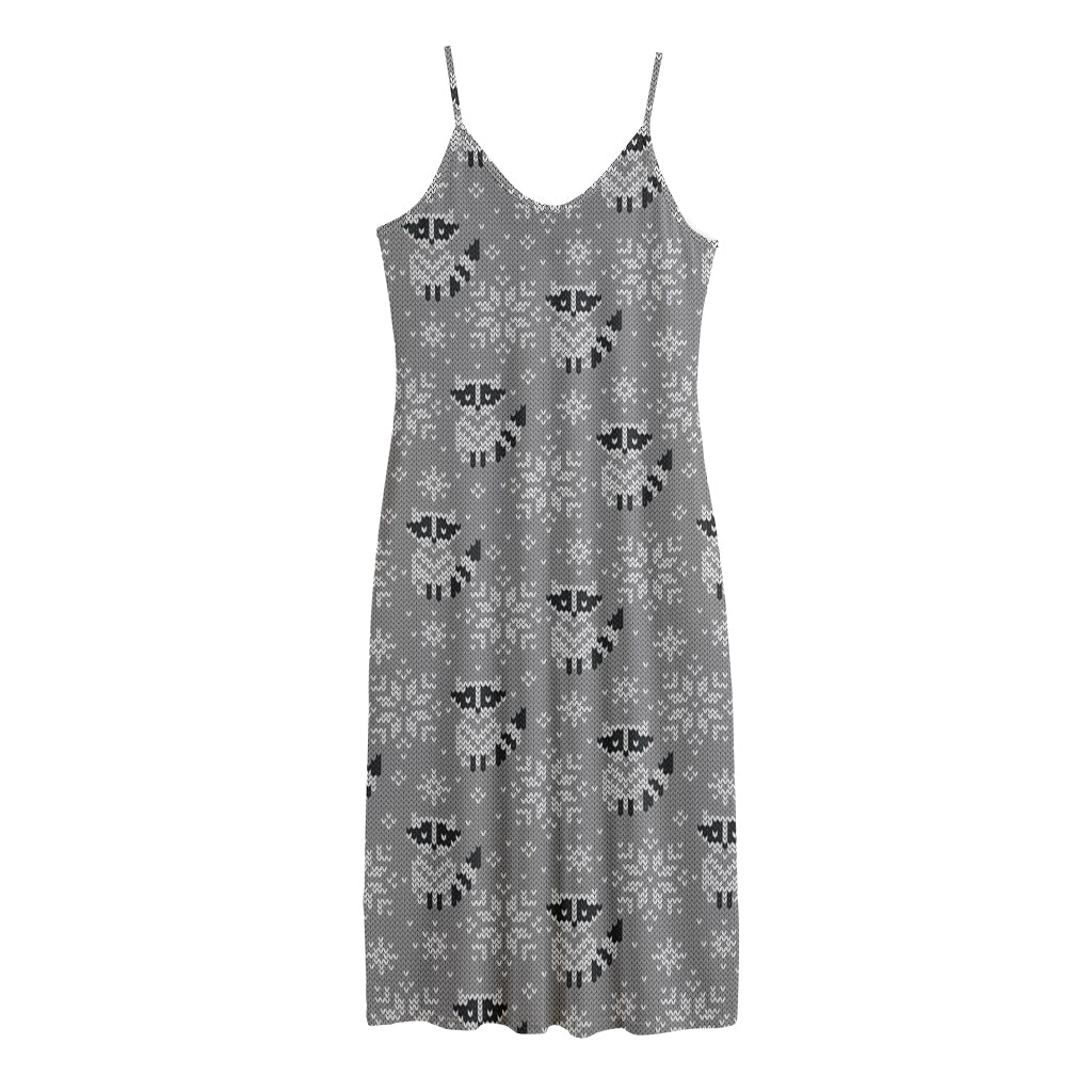 Knitted Raccoon Pattern Print Jersey Midi Cami Dress