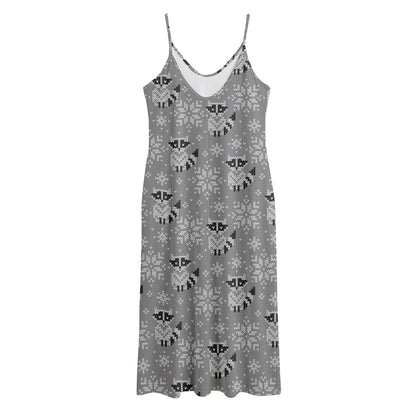 Knitted Raccoon Pattern Print Jersey Midi Cami Dress