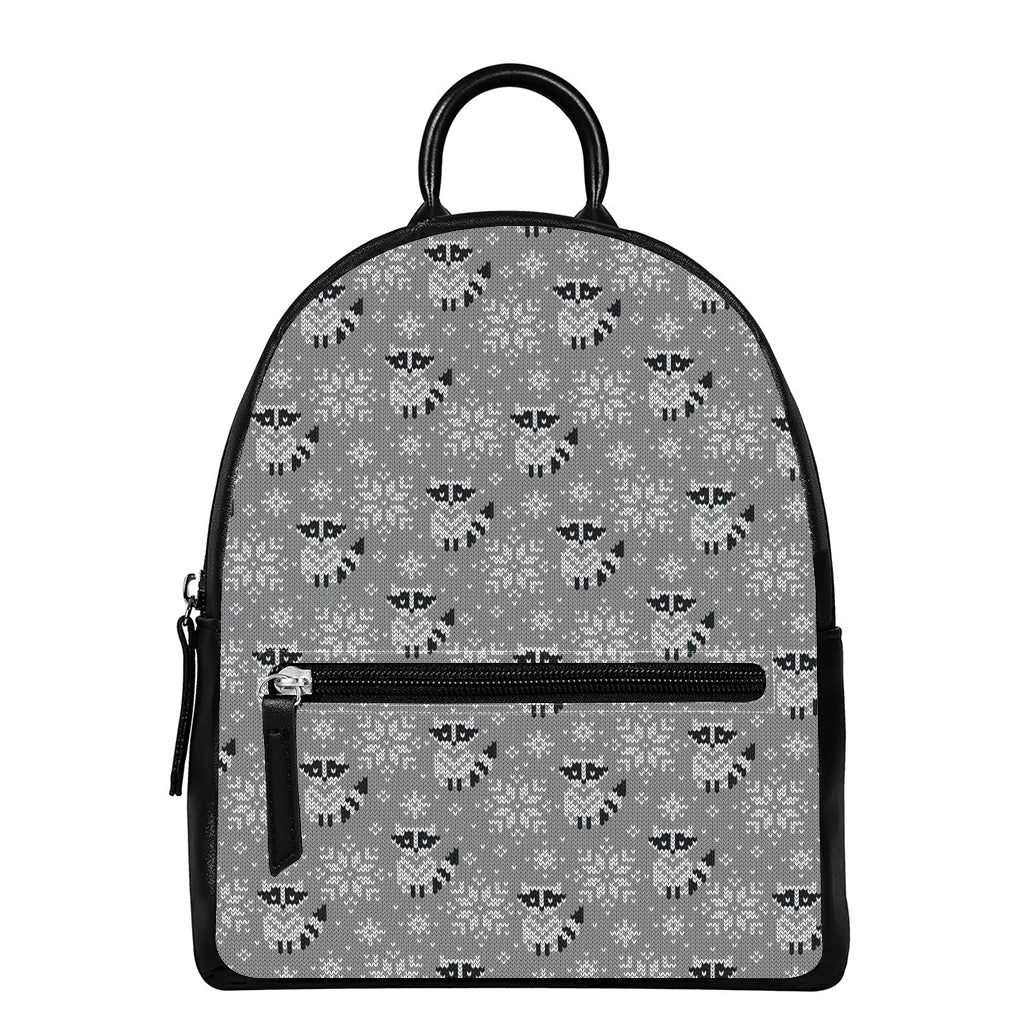Knitted Raccoon Pattern Print Leather Backpack