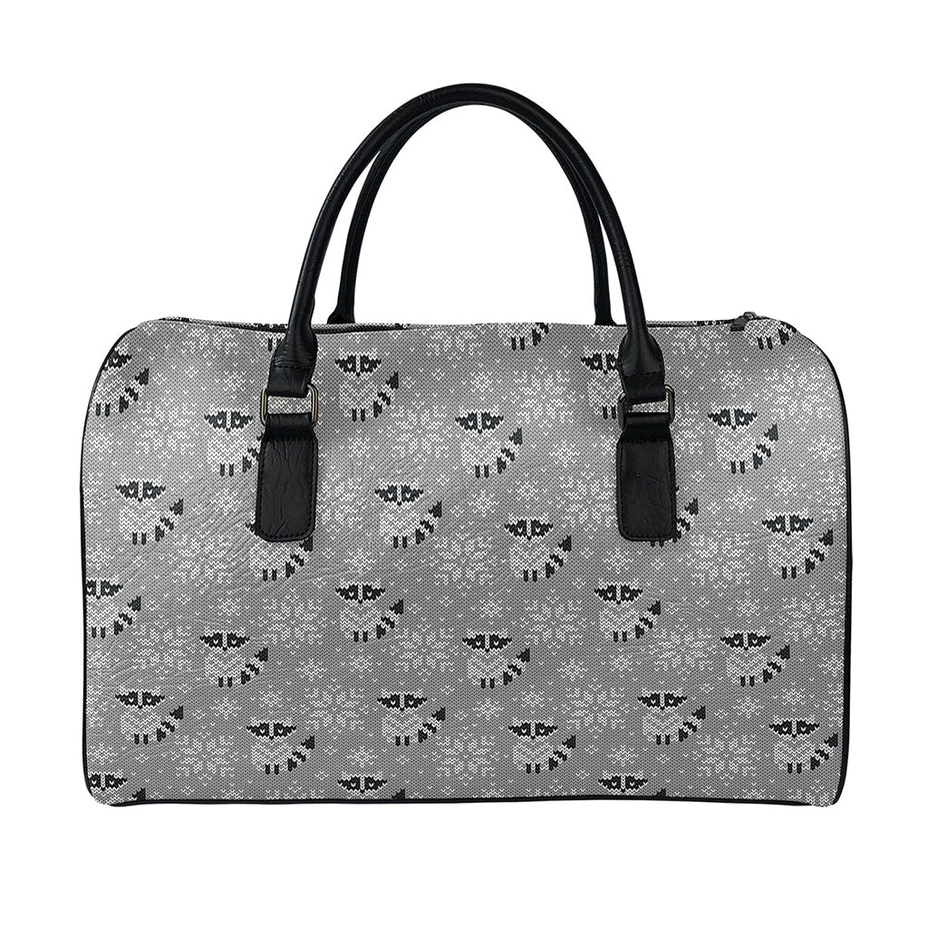 Knitted Raccoon Pattern Print Leather Duffle Bag