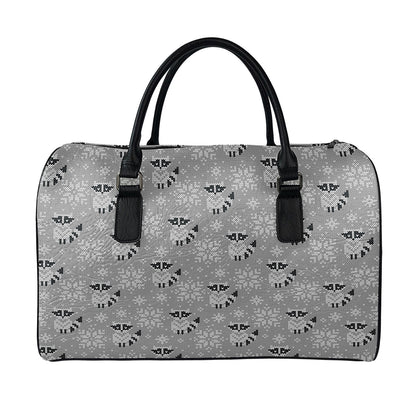 Knitted Raccoon Pattern Print Leather Duffle Bag