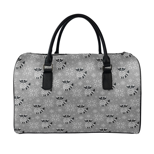 Knitted Raccoon Pattern Print Leather Duffle Bag