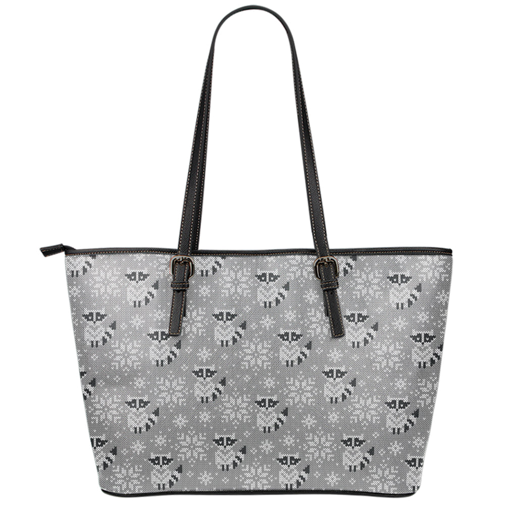 Knitted Raccoon Pattern Print Leather Tote Bag