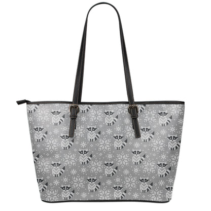 Knitted Raccoon Pattern Print Leather Tote Bag