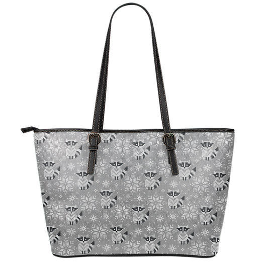 Knitted Raccoon Pattern Print Leather Tote Bag