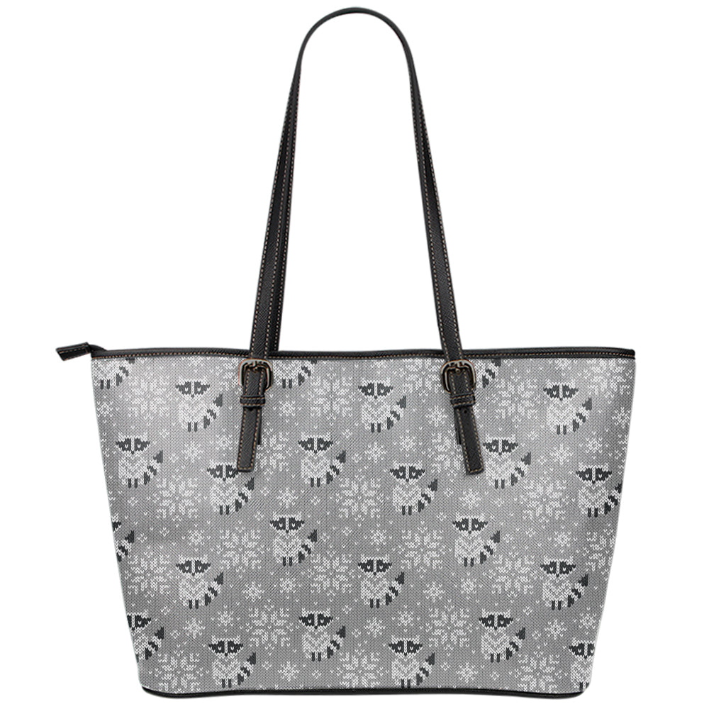 Knitted Raccoon Pattern Print Leather Tote Bag