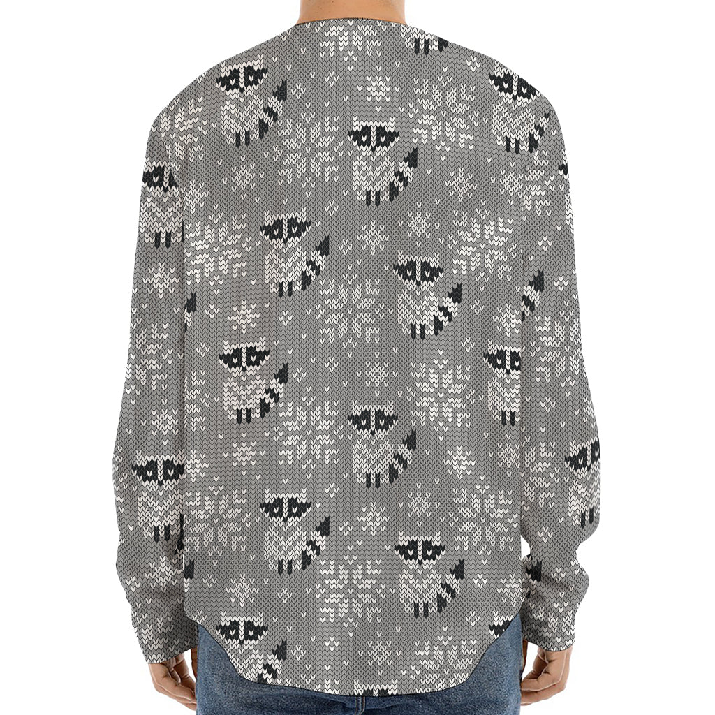 Knitted Raccoon Pattern Print Long Sleeve Baseball Jersey