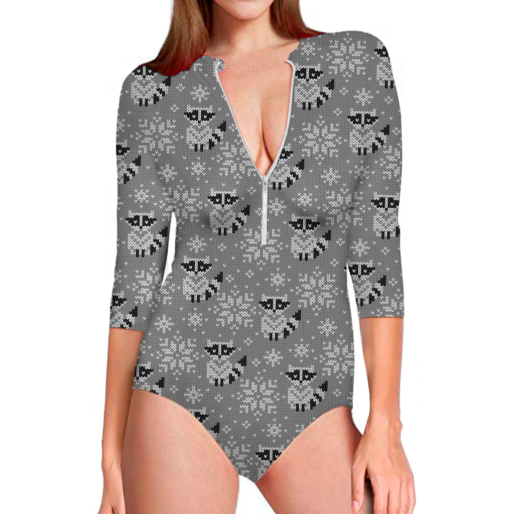 Knitted Raccoon Pattern Print Long Sleeve Swimsuit