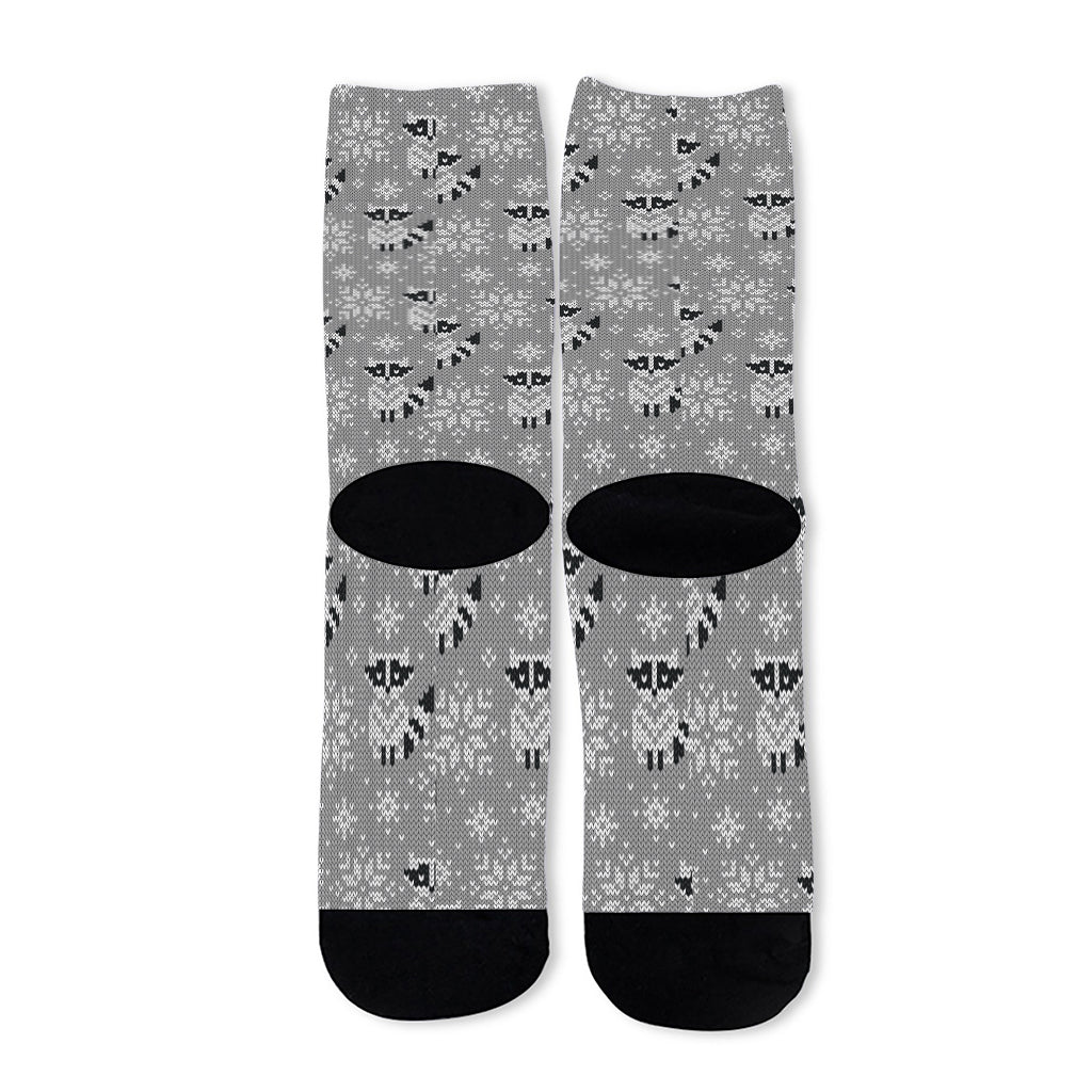Knitted Raccoon Pattern Print Long Socks