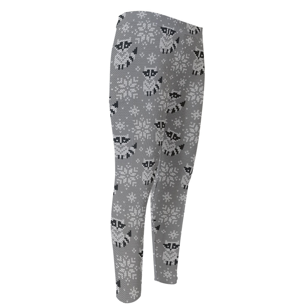 Knitted Raccoon Pattern Print Men's Compression Pants