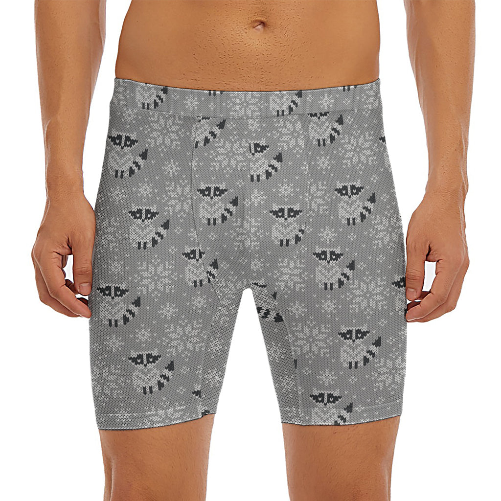 Knitted Raccoon Pattern Print Men's Long Boxer Briefs
