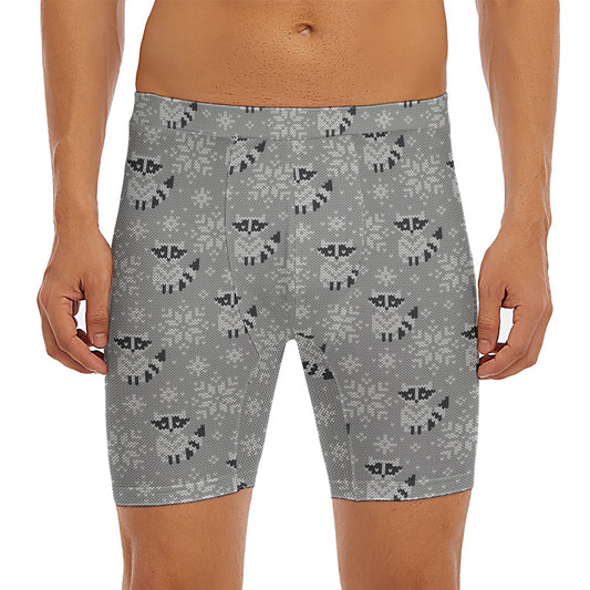Knitted Raccoon Pattern Print Men's Long Boxer Briefs