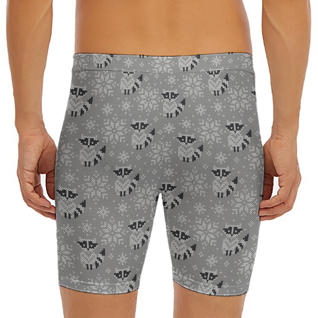 Knitted Raccoon Pattern Print Men's Long Boxer Briefs