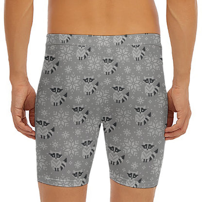 Knitted Raccoon Pattern Print Men's Long Boxer Briefs