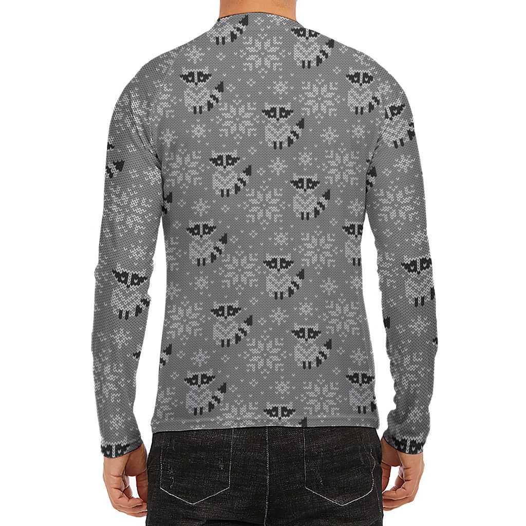Knitted Raccoon Pattern Print Men's Long Sleeve Rash Guard