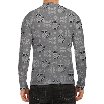 Knitted Raccoon Pattern Print Men's Long Sleeve Rash Guard