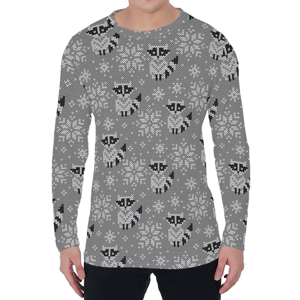 Knitted Raccoon Pattern Print Men's Long Sleeve T-Shirt