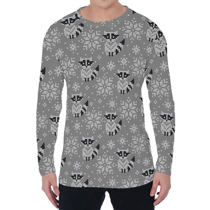 Knitted Raccoon Pattern Print Men's Long Sleeve T-Shirt