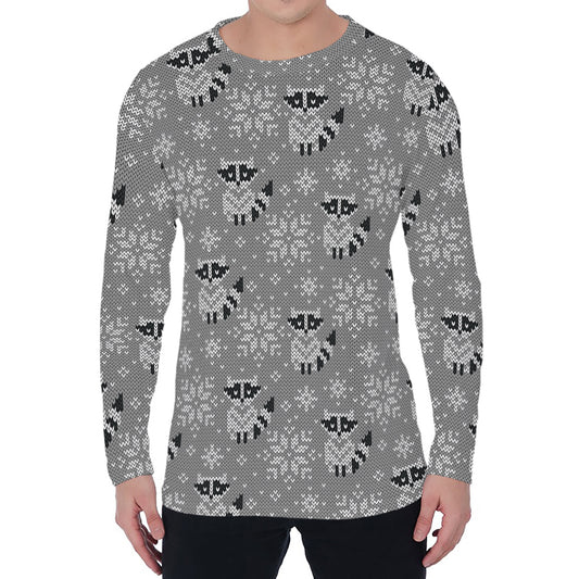Knitted Raccoon Pattern Print Men's Long Sleeve T-Shirt