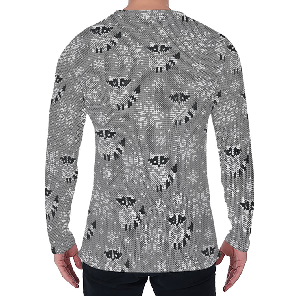 Knitted Raccoon Pattern Print Men's Long Sleeve T-Shirt