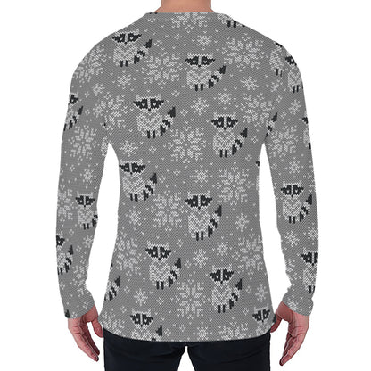 Knitted Raccoon Pattern Print Men's Long Sleeve T-Shirt