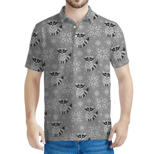 Knitted Raccoon Pattern Print Men's Polo Shirt
