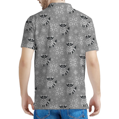 Knitted Raccoon Pattern Print Men's Polo Shirt