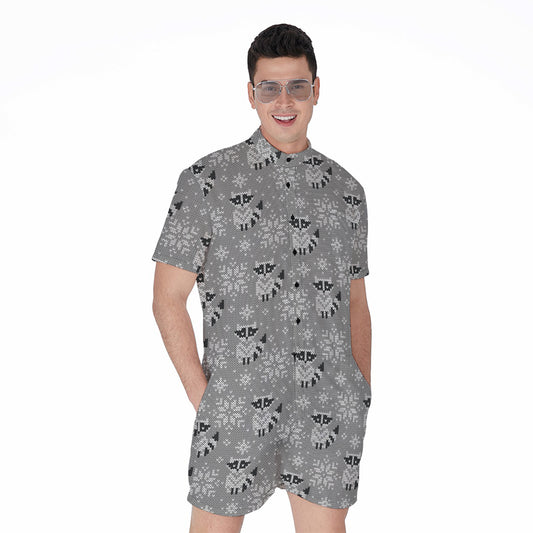 Knitted Raccoon Pattern Print Men's Rompers