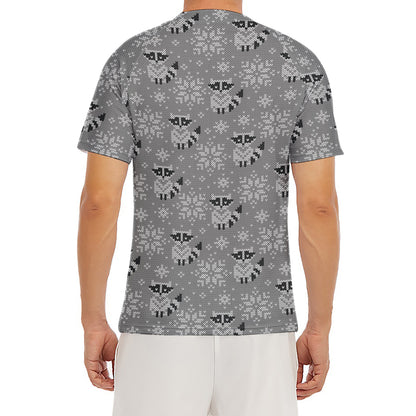 Knitted Raccoon Pattern Print Men's Short Sleeve Rash Guard