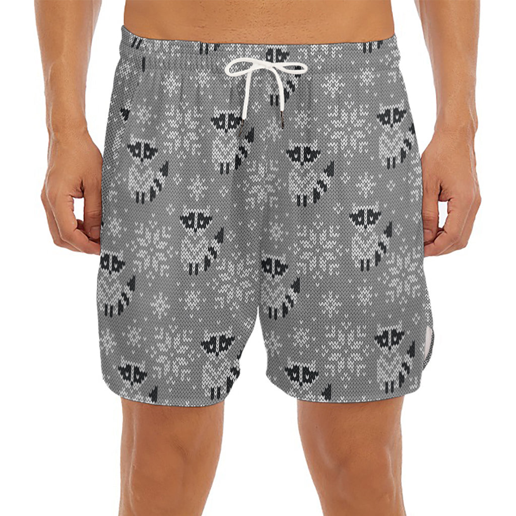 Knitted Raccoon Pattern Print Men's Split Running Shorts