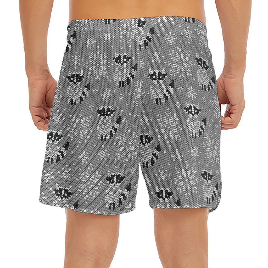 Knitted Raccoon Pattern Print Men's Split Running Shorts