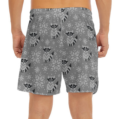 Knitted Raccoon Pattern Print Men's Split Running Shorts