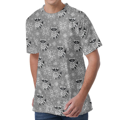 Knitted Raccoon Pattern Print Men's Velvet T-Shirt