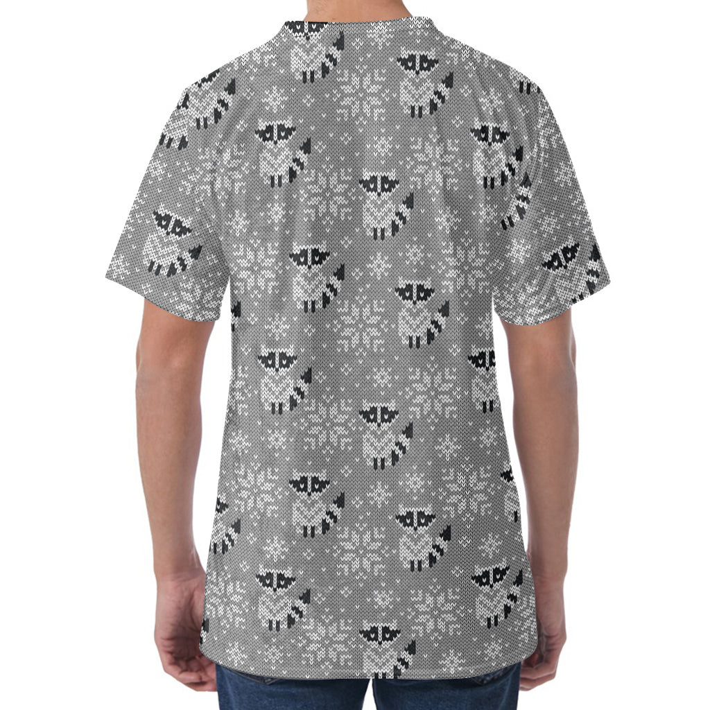 Knitted Raccoon Pattern Print Men's Velvet T-Shirt