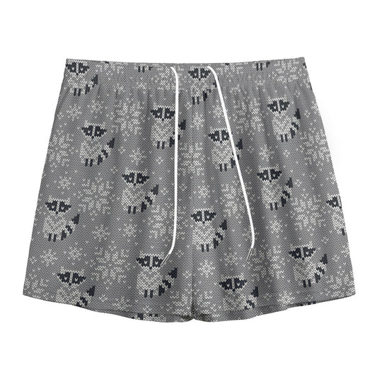 Knitted Raccoon Pattern Print Mesh Shorts
