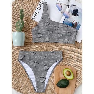 Knitted Raccoon Pattern Print One Shoulder Bikini Top