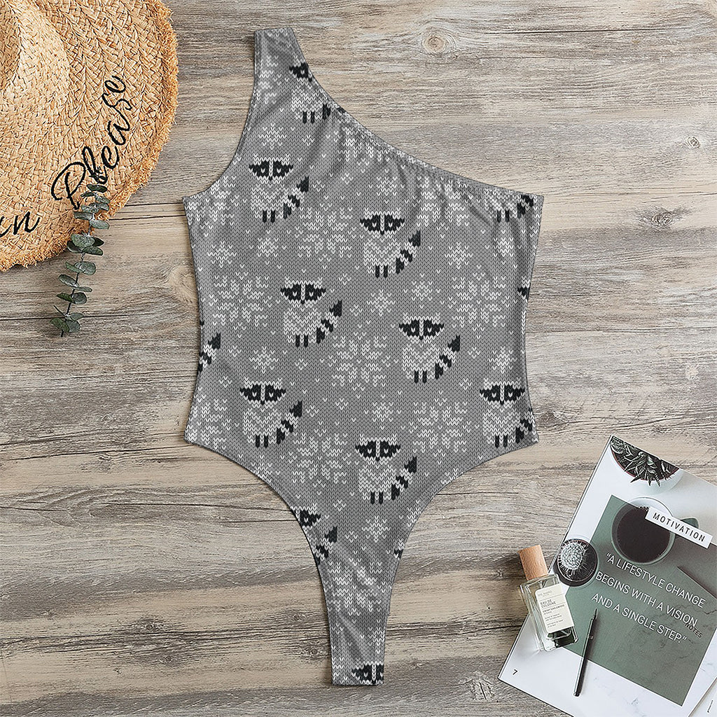 Knitted Raccoon Pattern Print One Shoulder Bodysuit