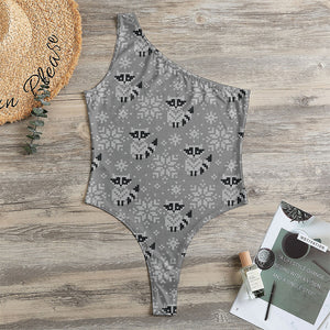 Knitted Raccoon Pattern Print One Shoulder Bodysuit
