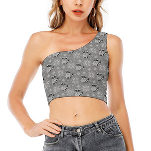 Knitted Raccoon Pattern Print One Shoulder Crop Top