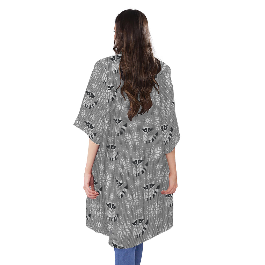 Knitted Raccoon Pattern Print Open Front Beach Cover Up