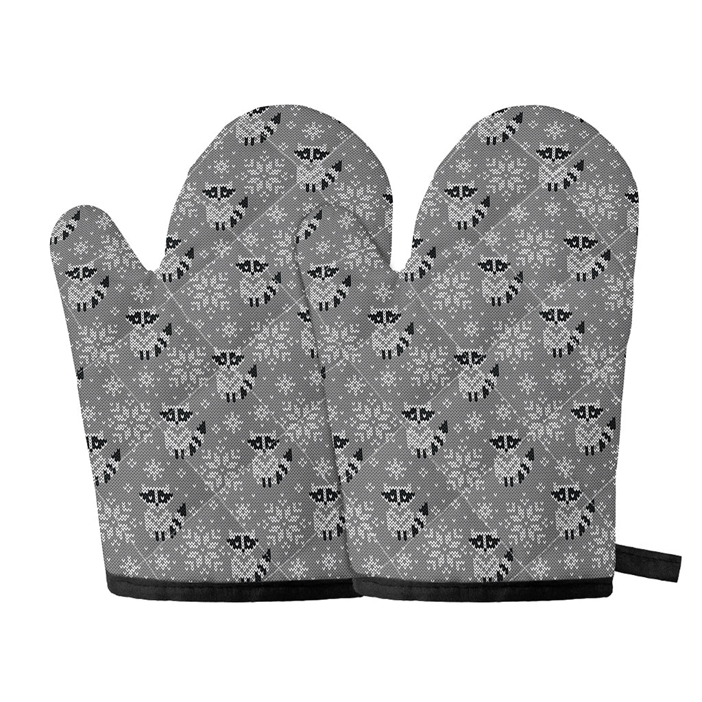 Knitted Raccoon Pattern Print Oven Mitts