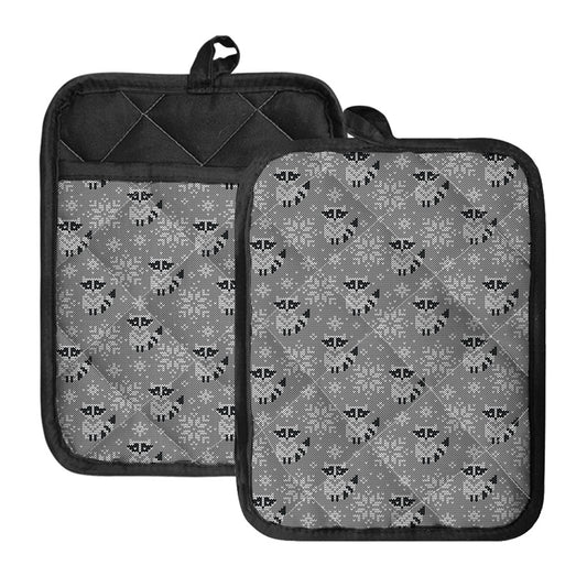 Knitted Raccoon Pattern Print Pot Holders With Pocket