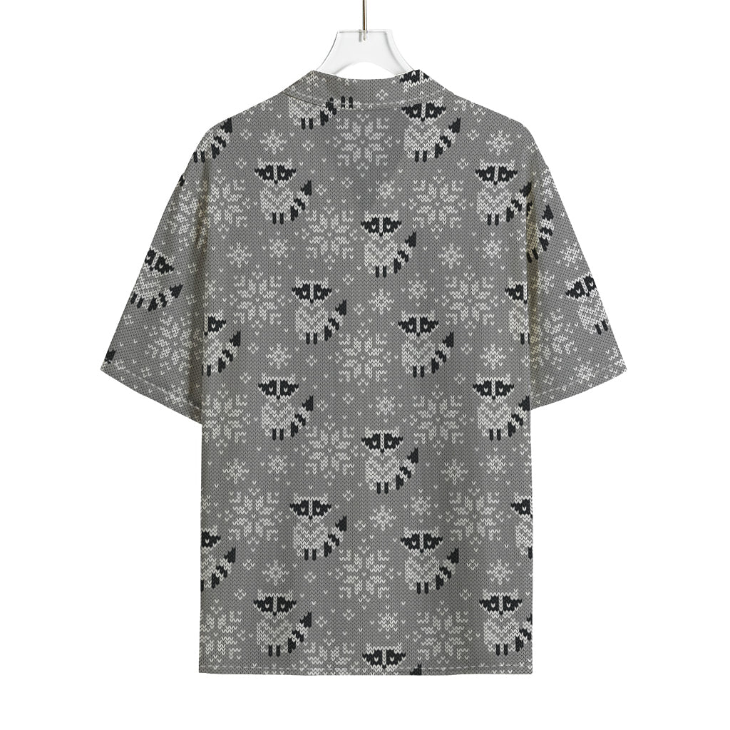 Knitted Raccoon Pattern Print Rayon Hawaiian Shirt